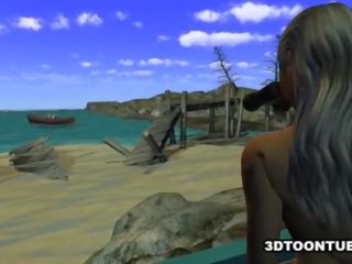 Foxy 3d lésbica deusa fica lambeu enquanto em um barco